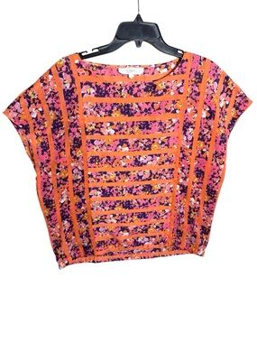 LOFT Pink and Orange Floral Ladder Stripe Wedge Blouse Flowy Sheer Size Medium